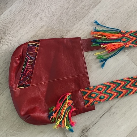 Leather bohemian red crochet red crossbody bag festive unique multicolored - Picture 2 of 16